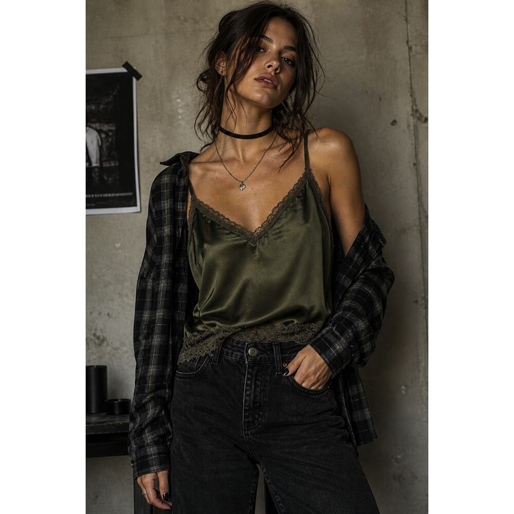 Who What Wear Olive Green Satin Camisole XS Lace Trim Spaghetti Strap Tank Top